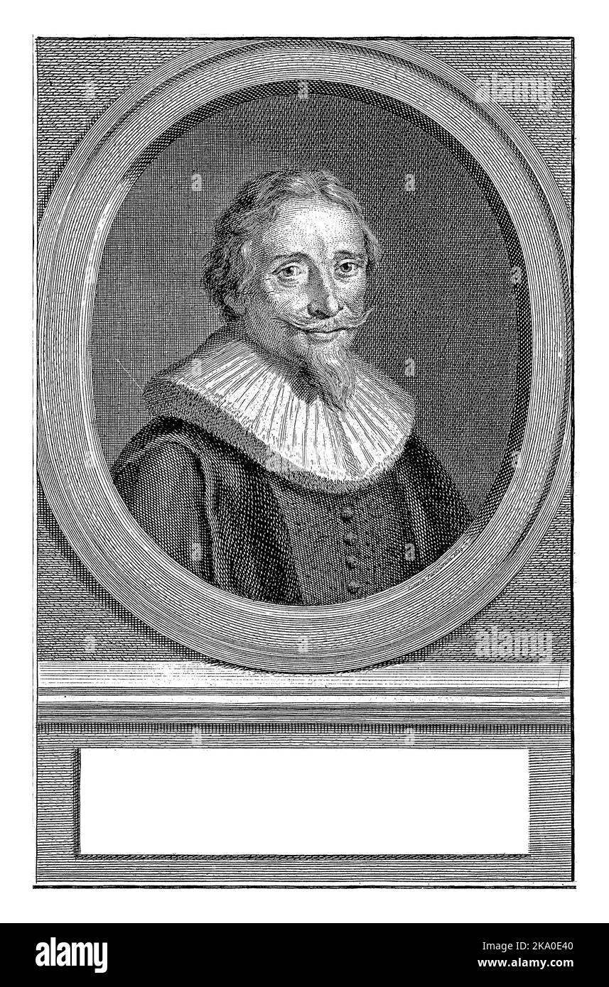 Büste rechts von Hugo de Groot in einem Oval. Das Porträt ruht auf einem Sockel, auf dem sein Name und seine Informationen in drei Zeilen auf Niederländisch stehen. Stockfoto