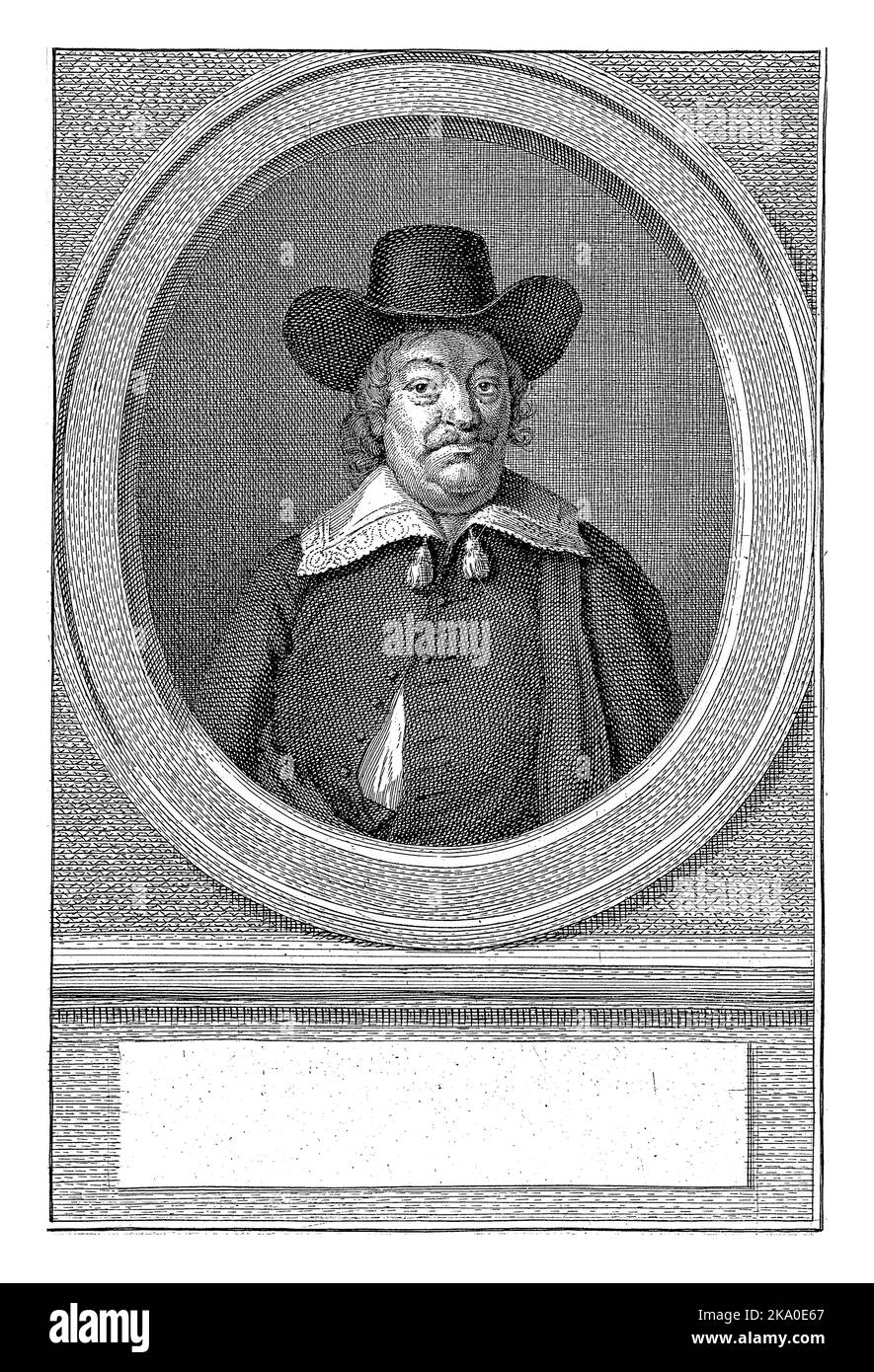 Porträt von Carel Hartsinck, Direktorin der Niederländischen Ostindischen Inseln, in einem Oval. Das Porträt ruht auf einem Sockel mit einem leeren Feld für seinen Namen. Stockfoto