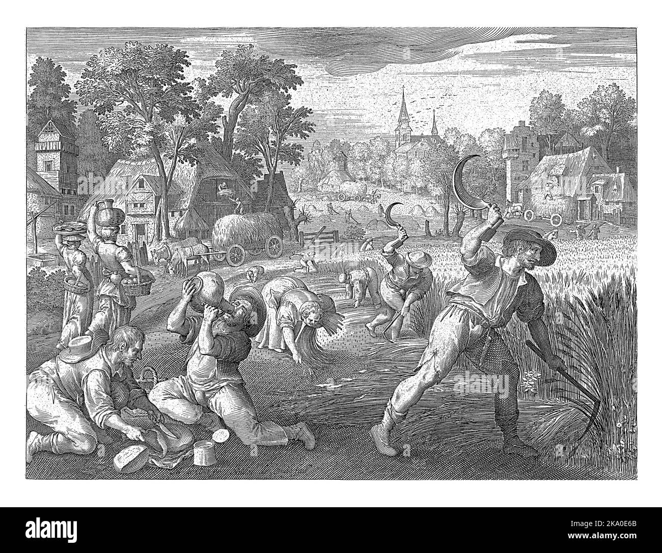 Sommer, Nicolaes de Bruyn, nach Maerten de Vos, 1581 - 1656 Landschaft mit Aktivitäten, die im Sommer stattfinden: Männer ernten Getreide und das Heu ist Stockfoto