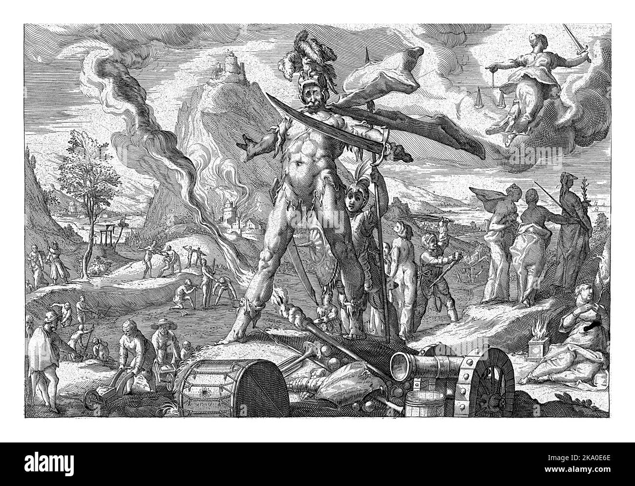 Vorstellung vom Leben in der Eisenzeit: Soldaten verletzen, töten oder vertreiben Menschen, Gebäude brennen. Im Vordergrund der gott Mars. Stockfoto