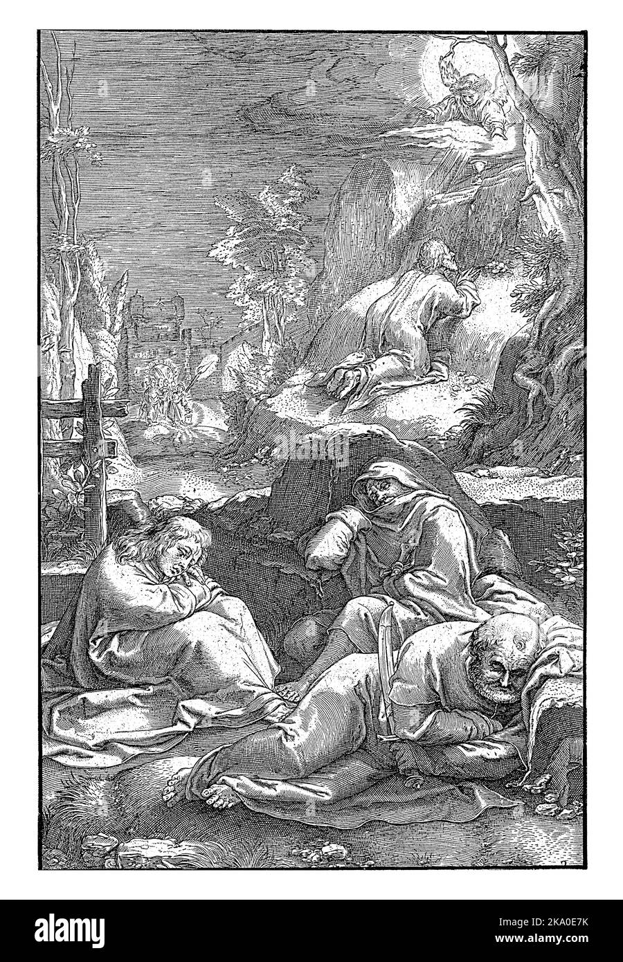 Christus betet im Garten Gethsemane. Ein Engel erscheint ihm und zeigt ihm einen Kelch. Stockfoto