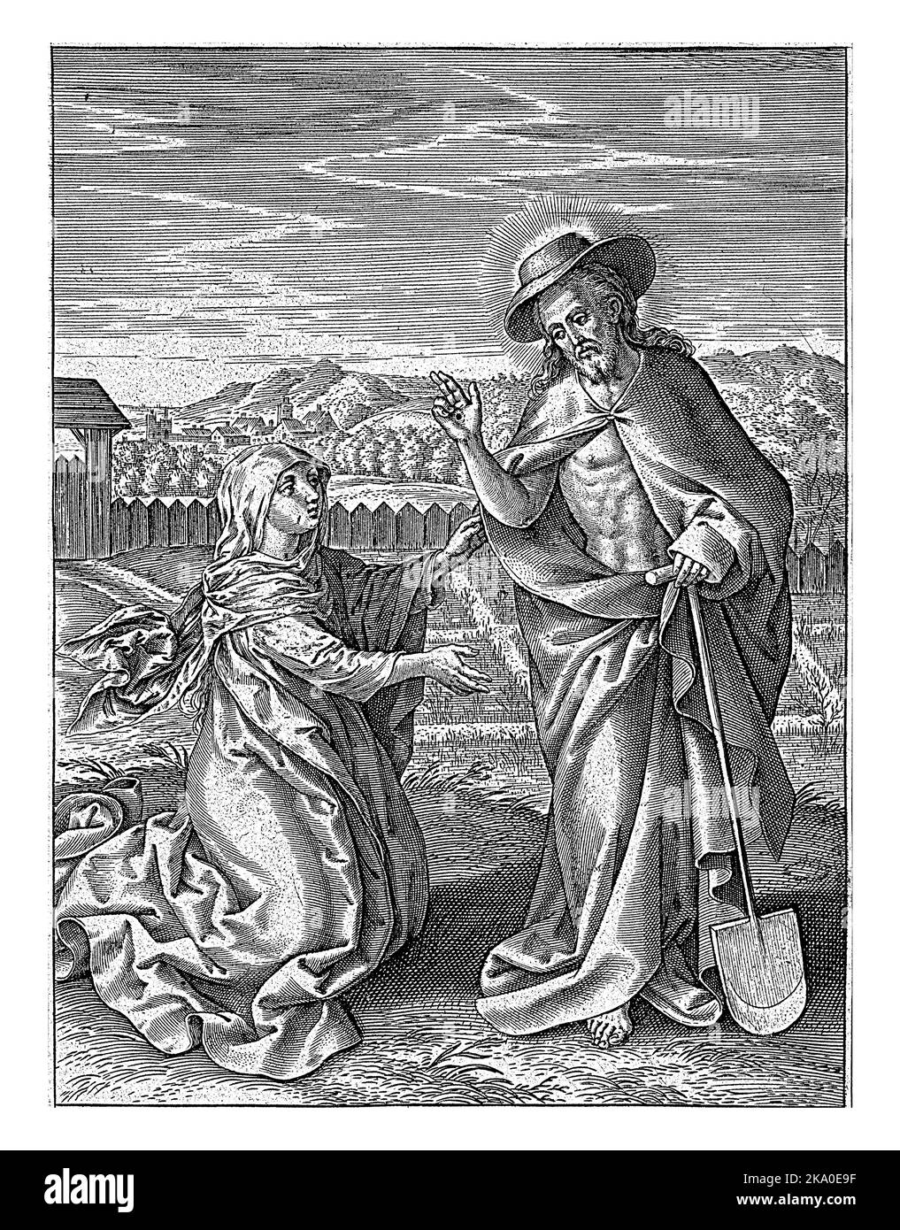 Christus erscheint Maria Magdalena, Hieronymus Wierix, als Gärtner, nach Maerten de Vos, 1563 - vor 1586 nach der Rebellion erscheint Christus als g Stockfoto