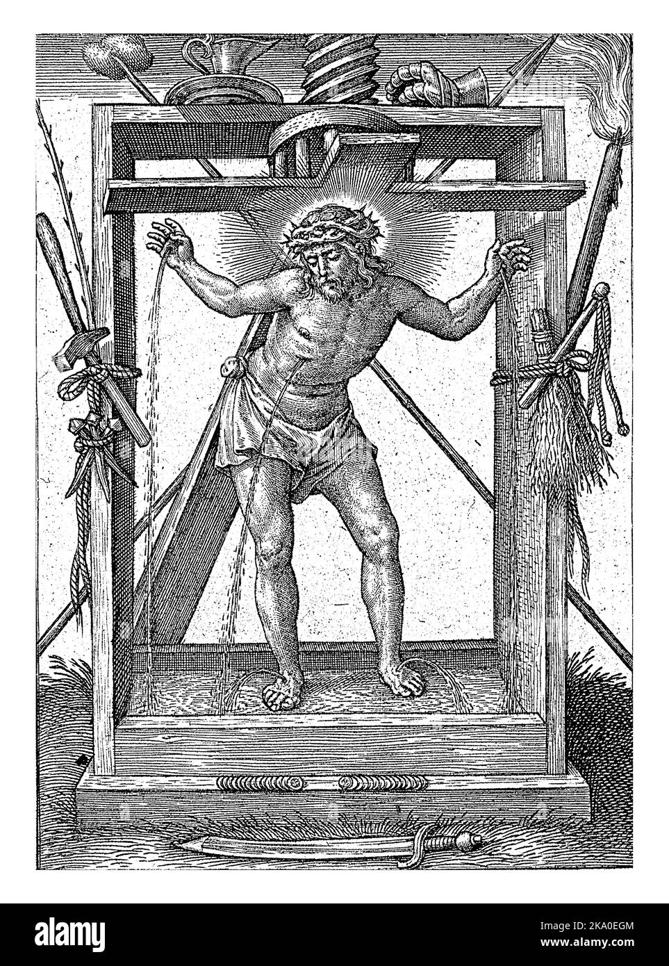Christus in der Kelter, Hieronymus Wierix, 1563 - vor 1619 wird Christus unter einer Kelter gebeugt, mit dem Kreuz auf dem Rücken. Blut fließt aus seinem c Stockfoto