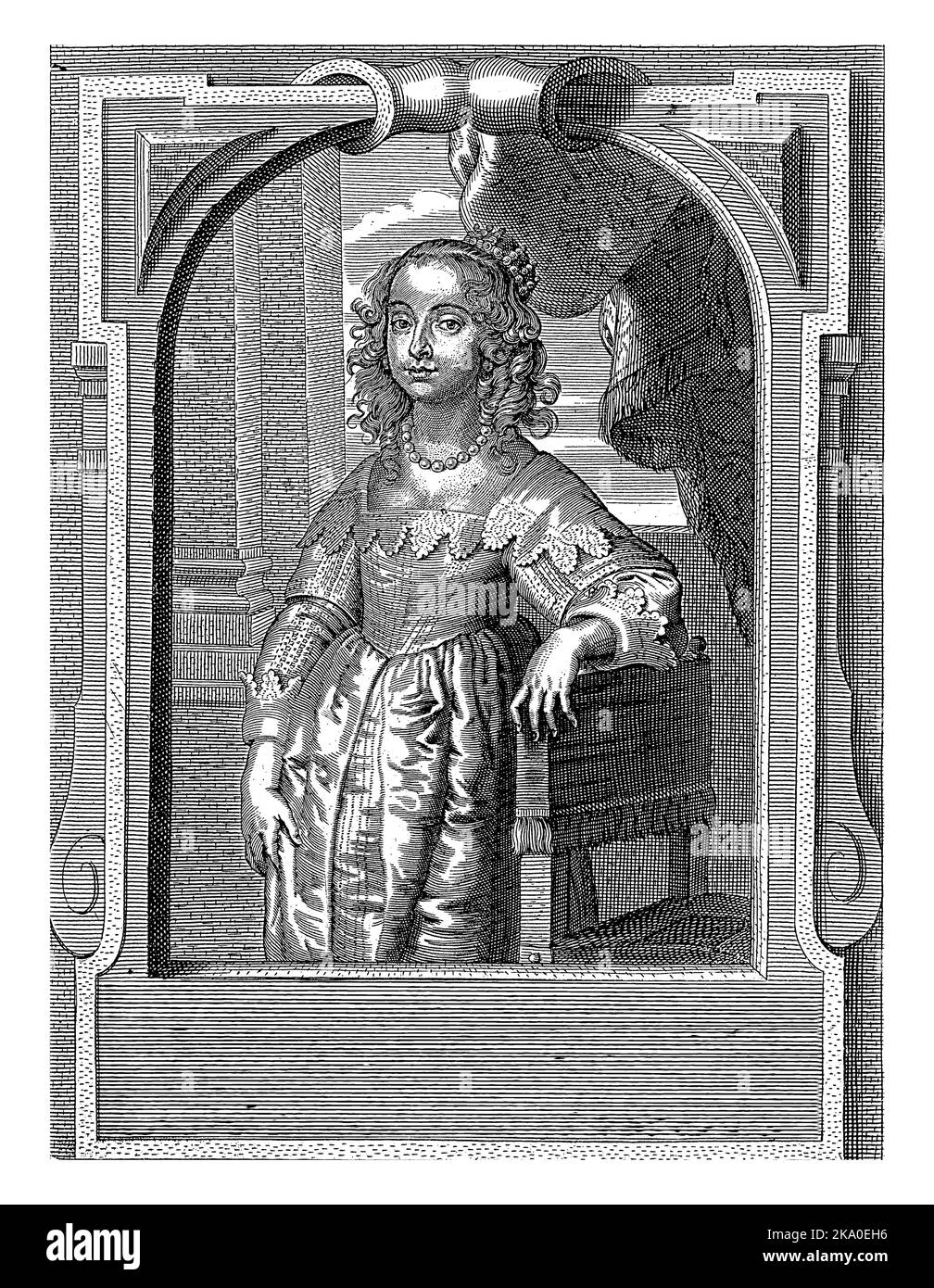 Porträt von Maria Henrietta Stuart, Pieter de Jode (II), nach Anthony van Dyck, c. 1628 - c. 1670 Porträt von Maria Henrietta unter einer verzierten Theke Stockfoto