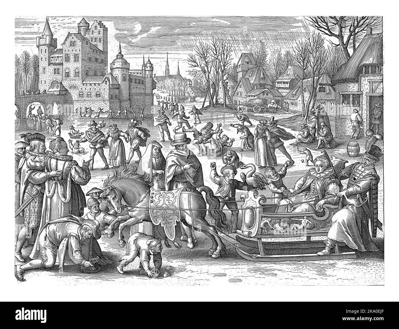 Winter, Nicolaes de Bruyn, nach Maerten de Vos, 1581 - 1656 Winterlandschaft mit Aktivitäten, die während dieser Saison stattfinden: Die Menschen skaten auf der Stockfoto