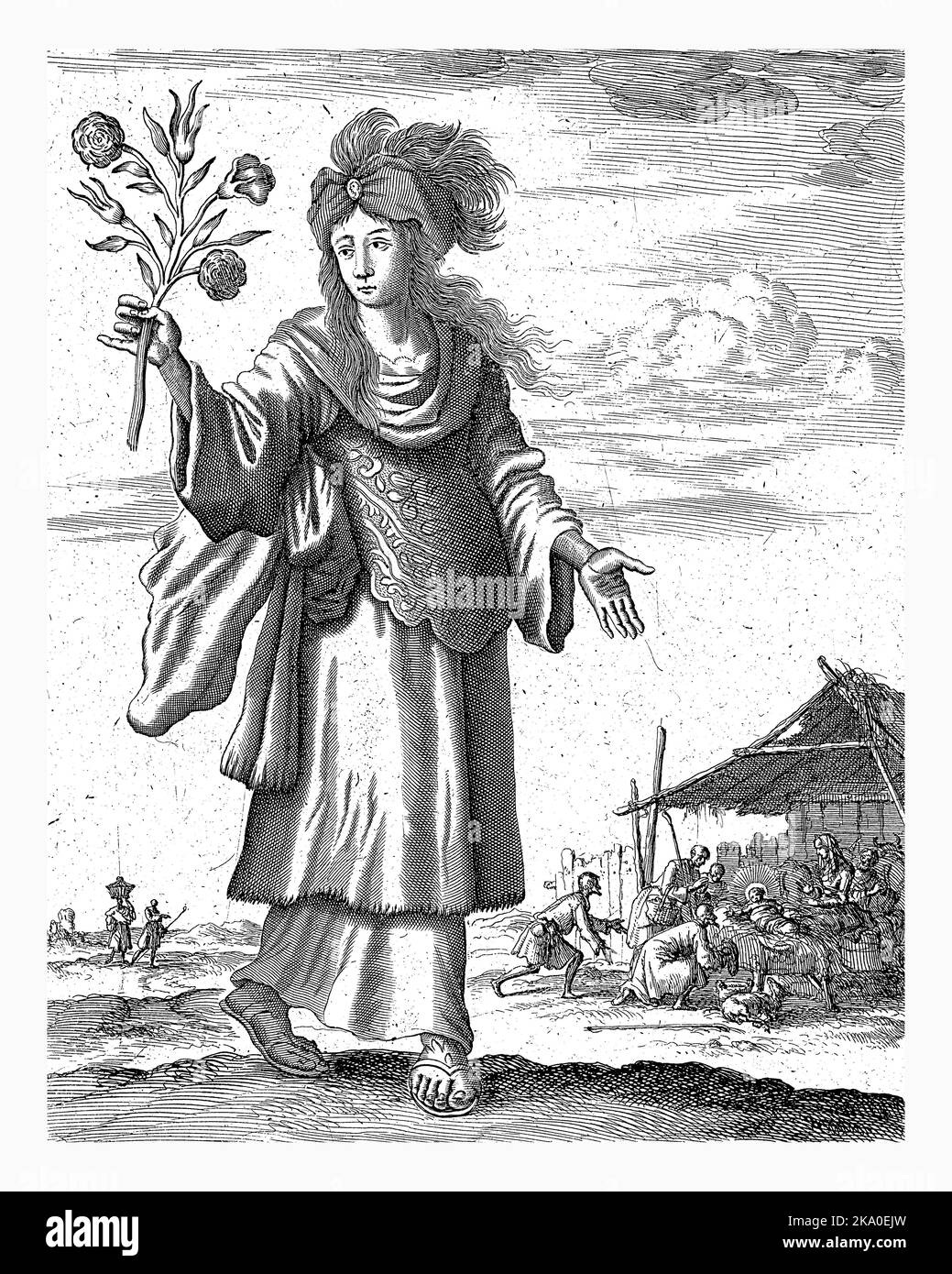 Hellespontic Sibyl, Jan Luyken, 1684 Hellespontic Sibyl. Im Hintergrund die Darstellung der Anbetung der Hirten. Oben rechts markiert drucken Stockfoto