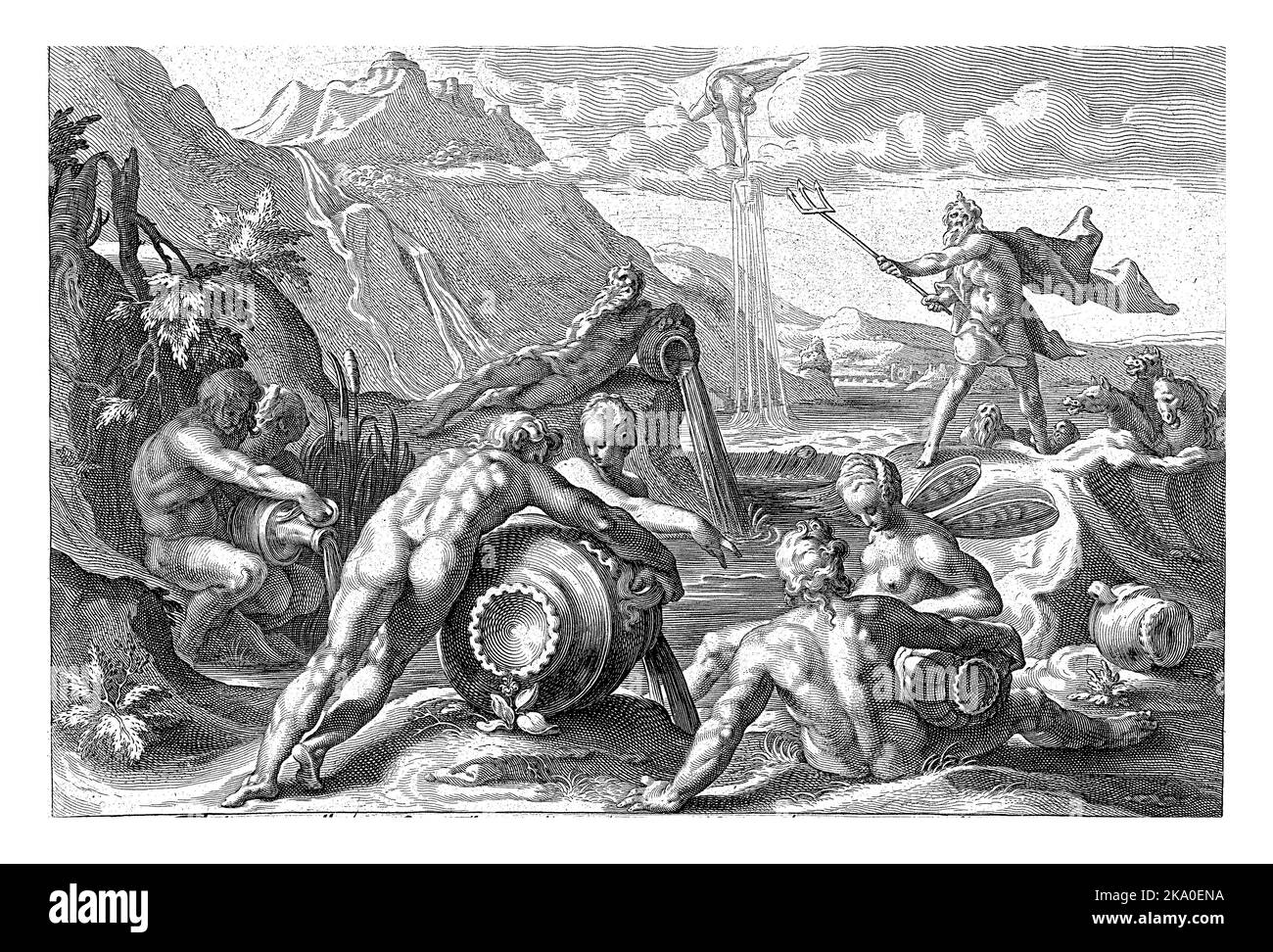 Neptun steht in einer gebirgigen Küstenlandschaft und schlägt seinen Dreizack auf das Gesicht der Erde und treibt einen Wasserkörper aus dem Meer hoch. Stockfoto