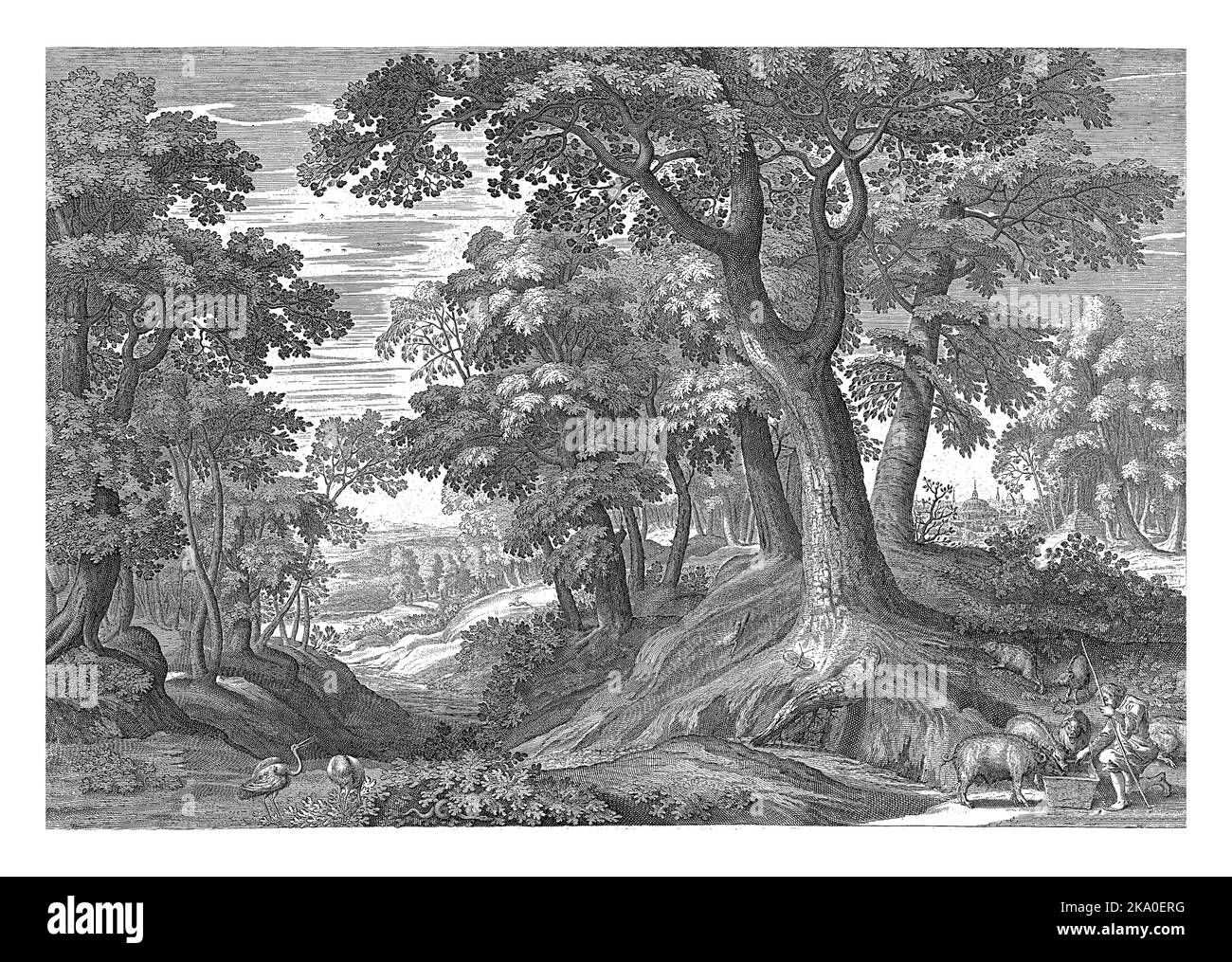 In einer waldreichen Landschaft, im Vordergrund rechts, kniet der verlorene Sohn am Schweinehütten. Vorne links zwei Vögel. Eine Stadt in der Ferne auf der Far ri Stockfoto