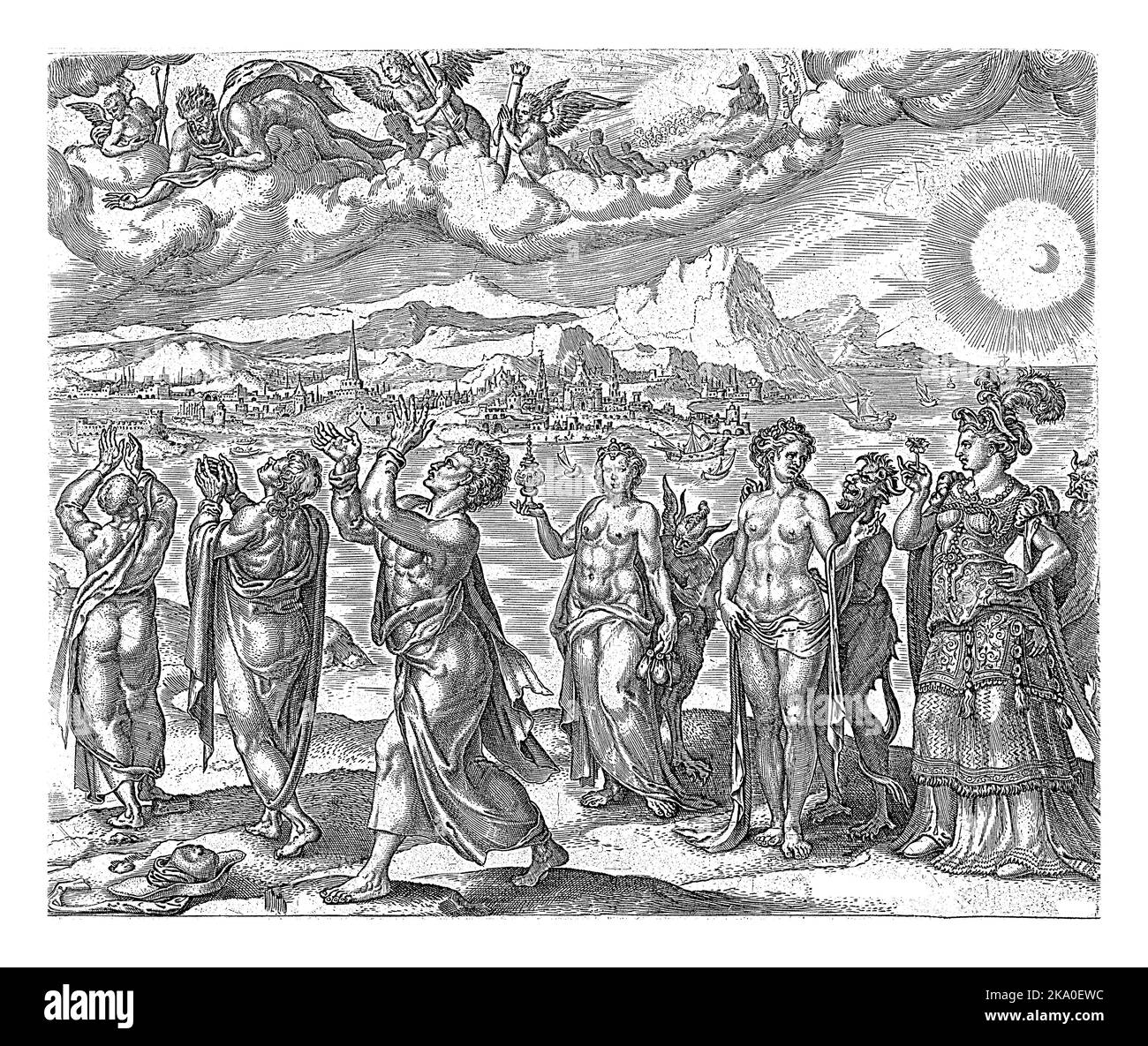Versucht uns nicht, Johannes Wierix, nach Maarten van Heemskerck, 1569 - 1573 die Menschen beten zum Himmel, wo Gott der Vater von einem Kl. auf die Erde schaut Stockfoto
