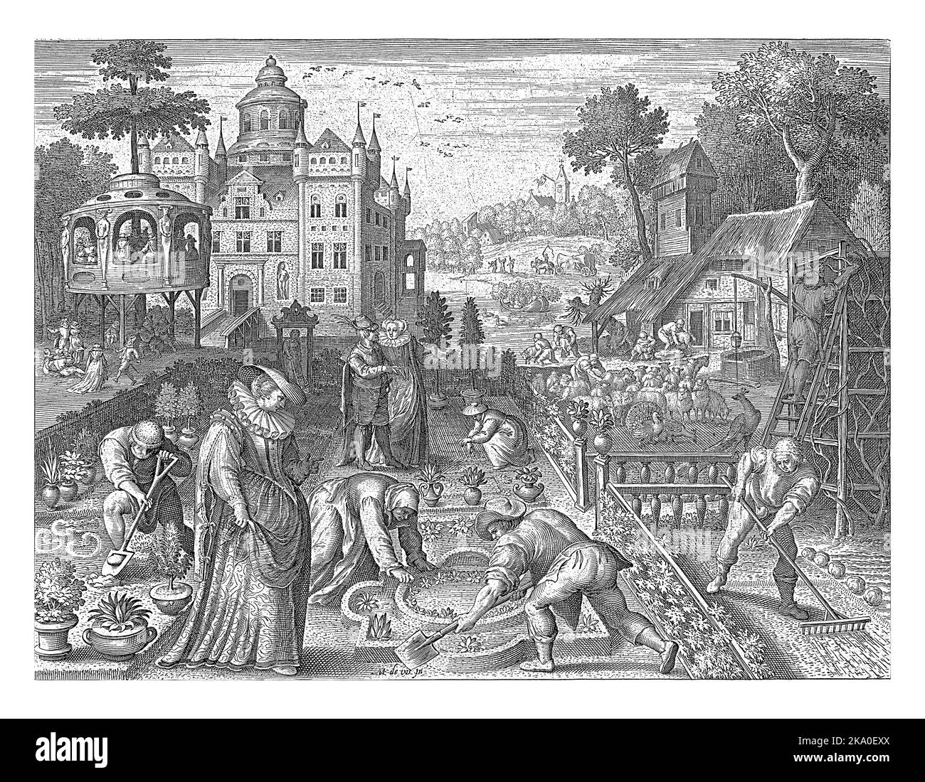 Spring, Nicolaes de Bruyn, nach Maerten de Vos, 1581 - 1656 Schlossgarten mit Frühlingsaktivitäten: Beschneiden und Raken im Garten und Schafscheren Stockfoto