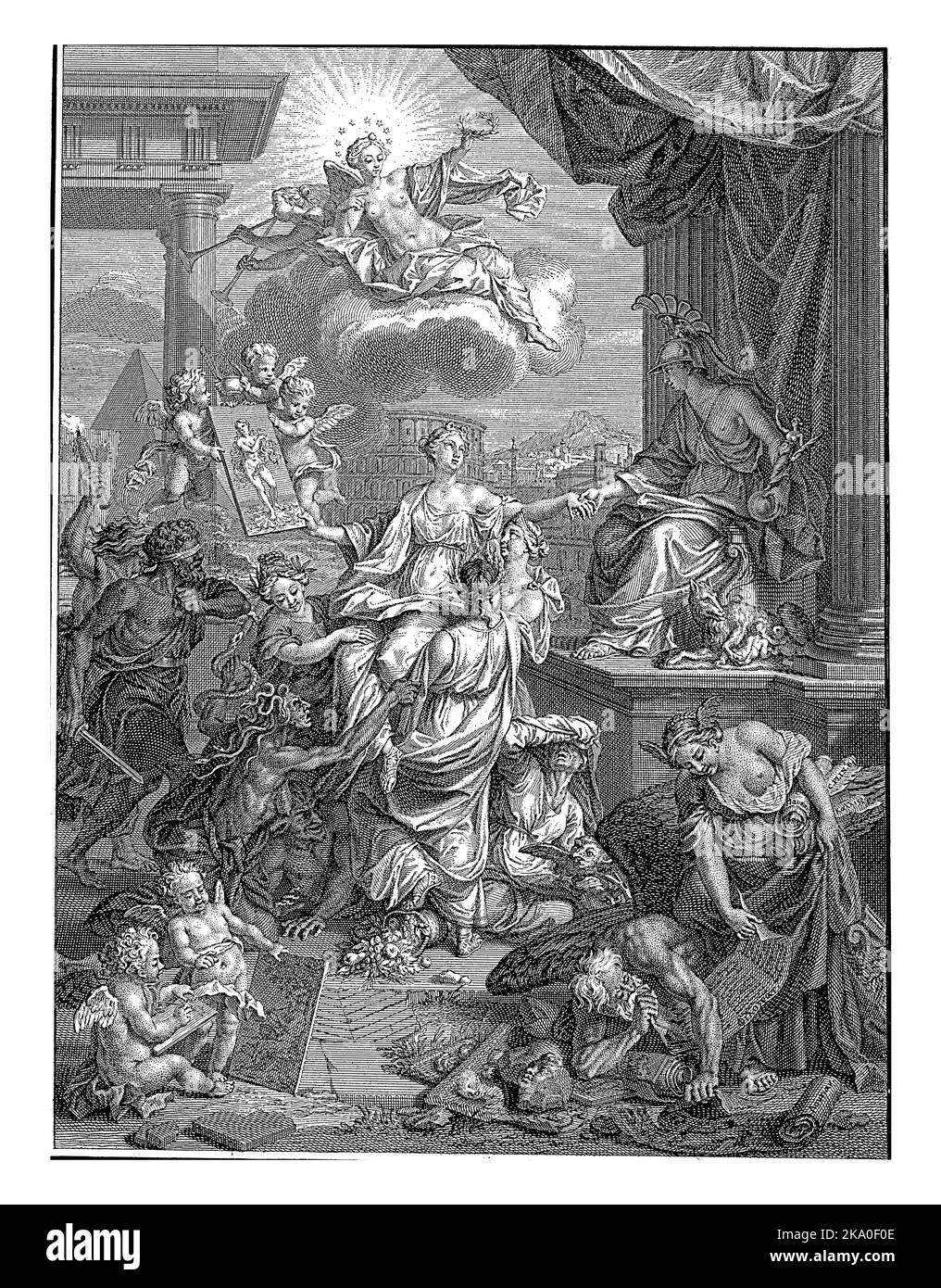 Allegorische Titelseite mit Frieden (Pax), Fülle (Abundantia) und Urbanität, die das Gemälde zur Personifizierung Roms tragen. Stockfoto