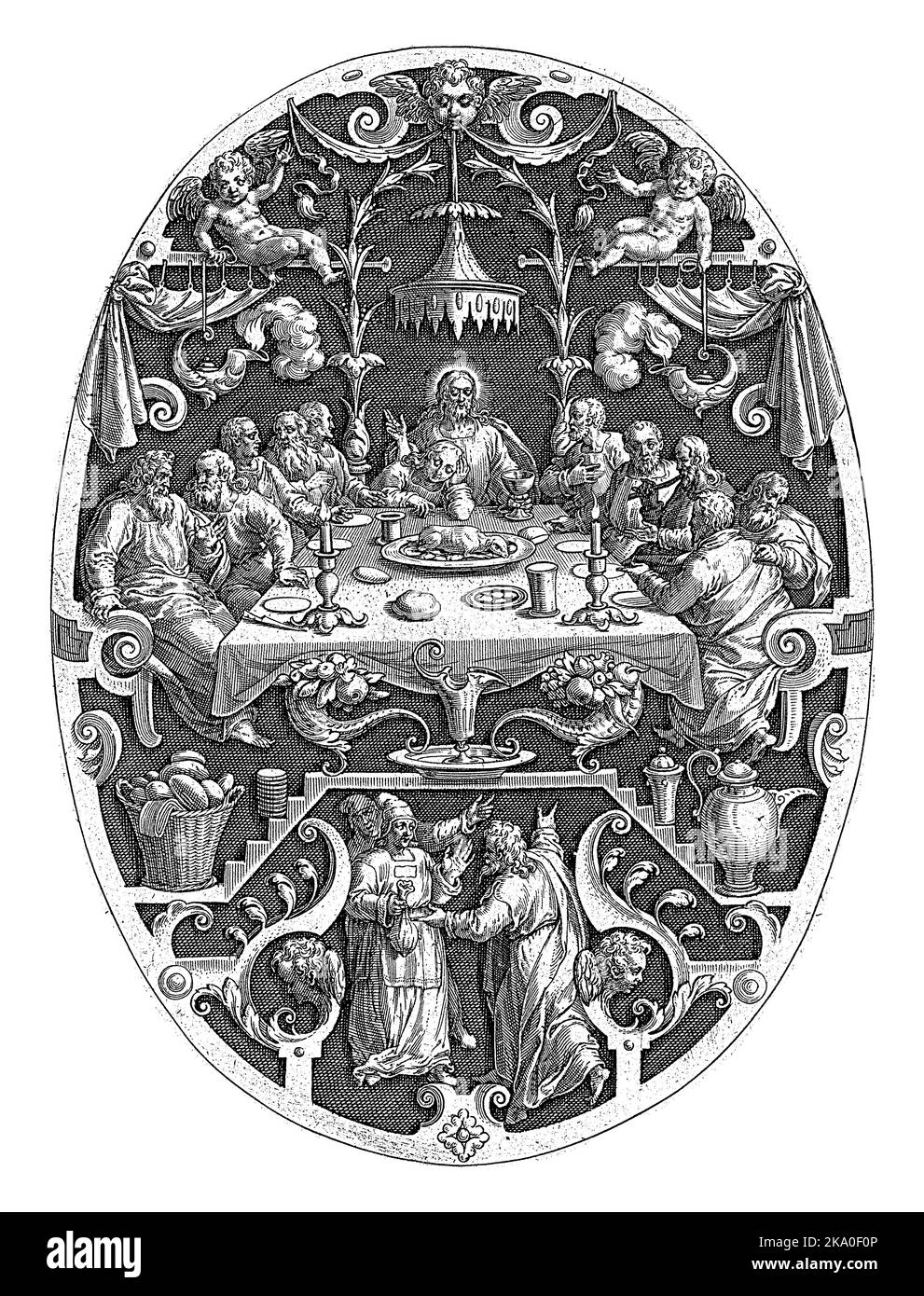 Das letzte Abendmahl im stehenden Oval mit Ornament. Im Vordergrund der Verrat von Judas. Der erste Druck einer dreizehnteiligen Serie von ornamentalen Drucken Stockfoto