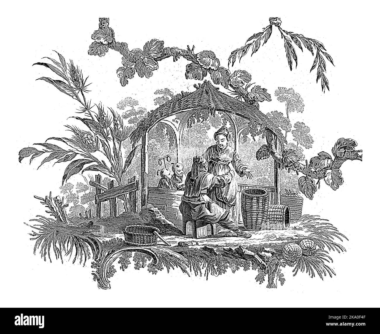 Chinesische Häuser und Figuren. Suite mit sechs Drucken. I. Pilling Inv. FA. aveline sc. London von I. Pillement, A Paris chez Basan, Francois-Antoine Aveline, Stockfoto