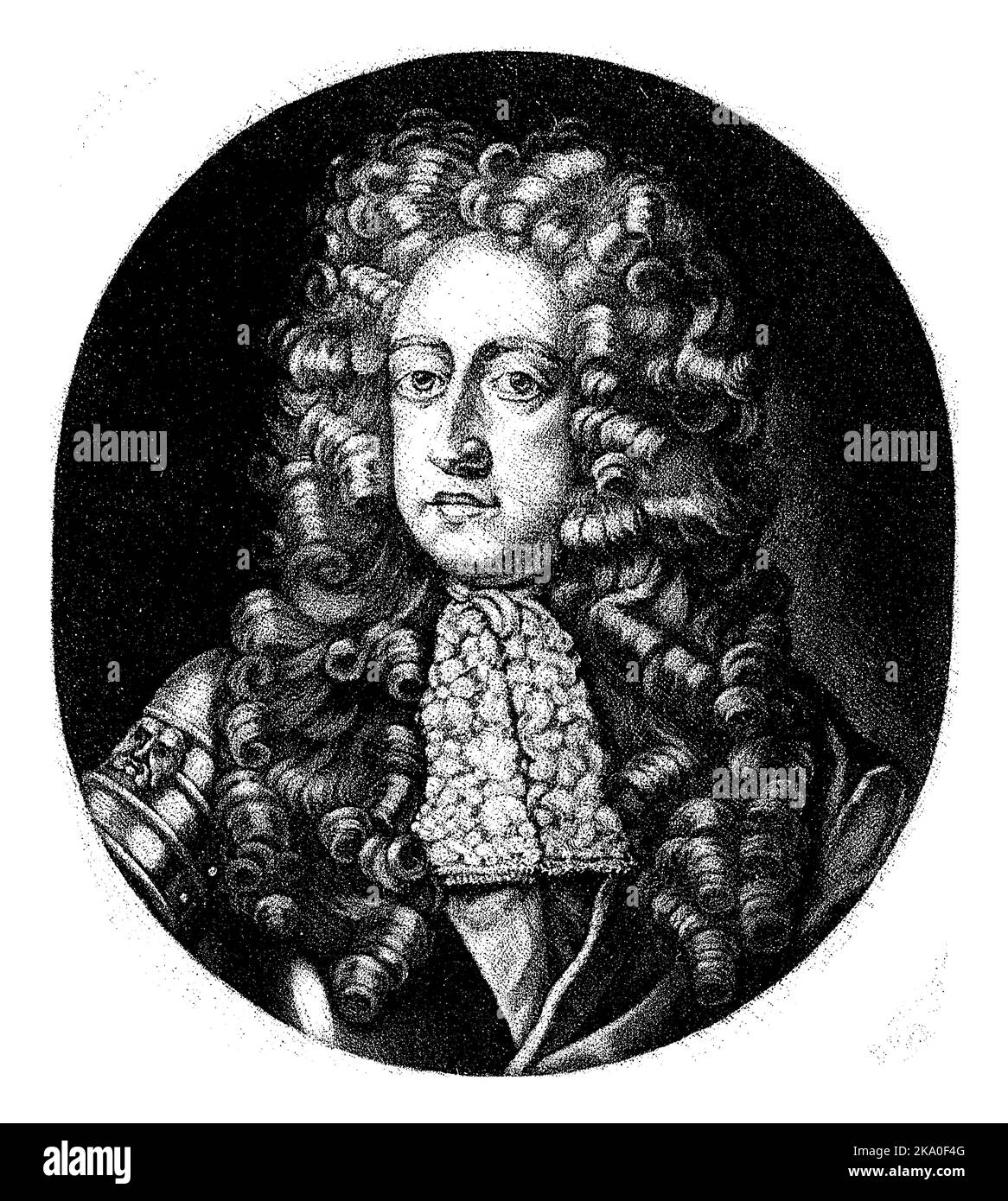 Georg I., Prinz von Dänemark, in einem Rüstung mit Spitzenkragen und langer Lockenperücke. Stockfoto