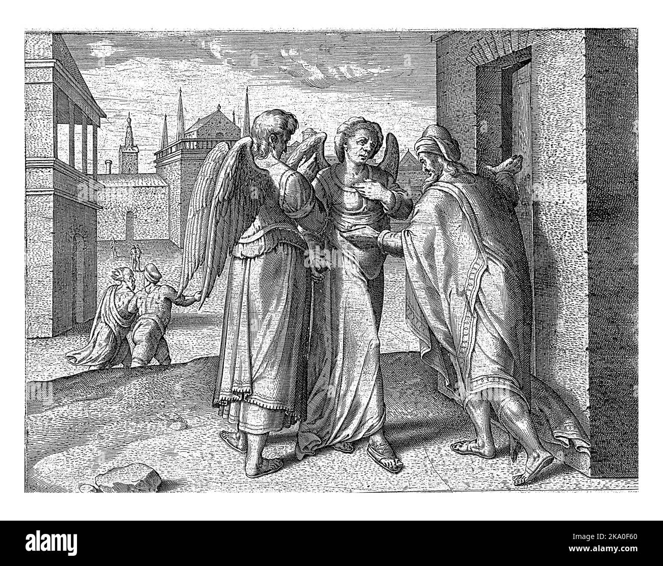 Lot lädt die beiden Engel zum Abendessen ein. Die beiden Engel sagen ihm, er solle die Stadt Sodom verlassen. Stockfoto