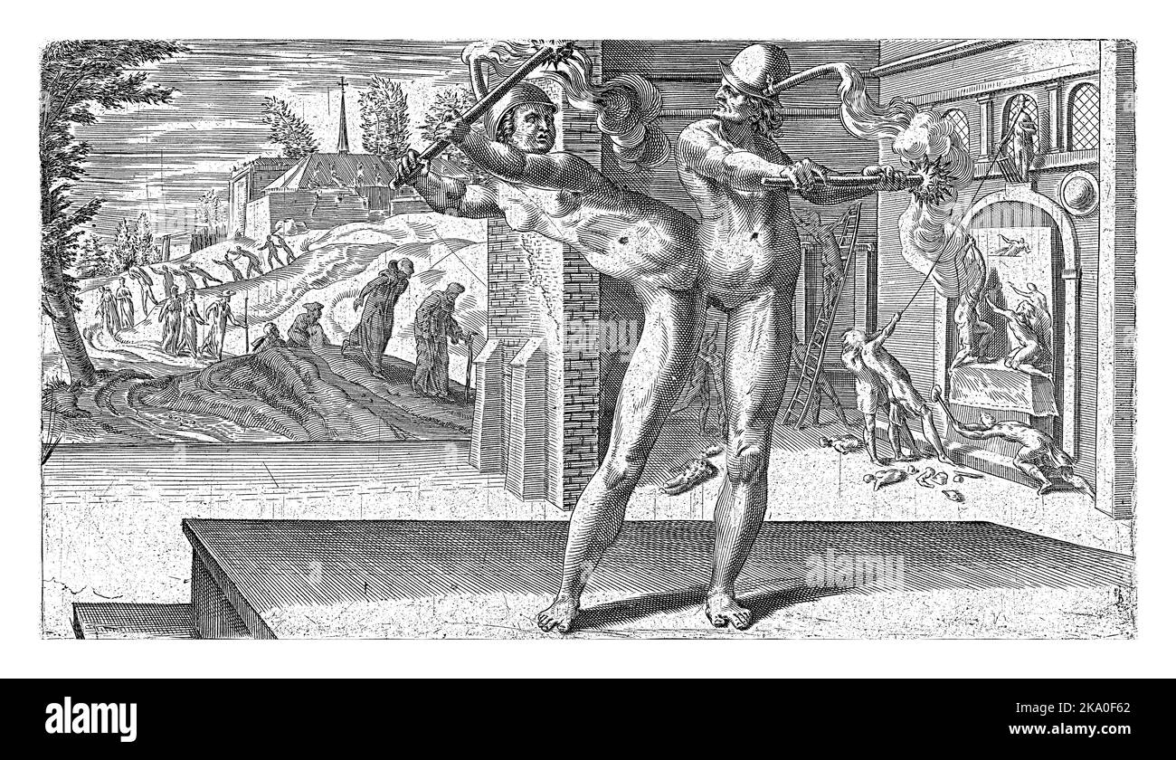 Der Personifizierungs-Aufstand, ein zusammengeteilter Zwilling, symbolisiert die Zwietracht in der Gesellschaft. Im Hintergrund wird eine Kirche von einem wütenden Mob verwüstet Stockfoto