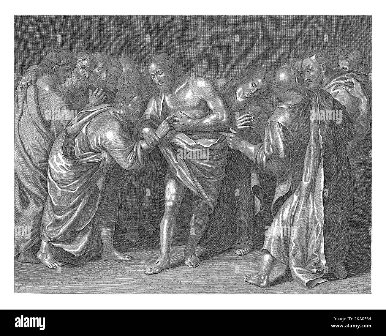 Zweifelndes Thomas berührt die Wunde Christi, Cornelis van Dalen (I), nach Wouter Pietersz. II Crabeth, 1612 - 1665 Christus zeigt Thomas seine Wunden nach Th Stockfoto