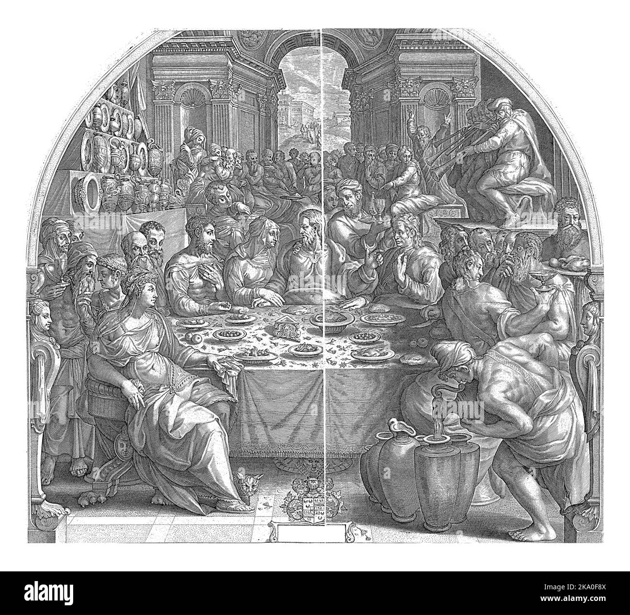 Christus an einem Tisch, umgeben von vielen Figuren, während der Hochzeit in Kana. Stockfoto