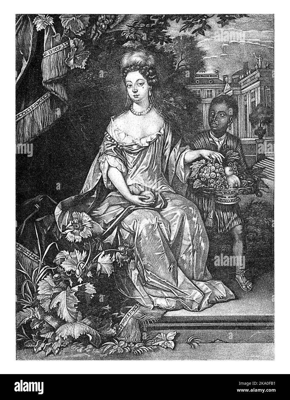 Porträt von Königin Mary II Stuart, Pieter Schenk (I), 1670 - 1713 Mary II Stuart, Königin von England und Schottland, sitzt in einem Garten. Ein Diener bietet an Stockfoto