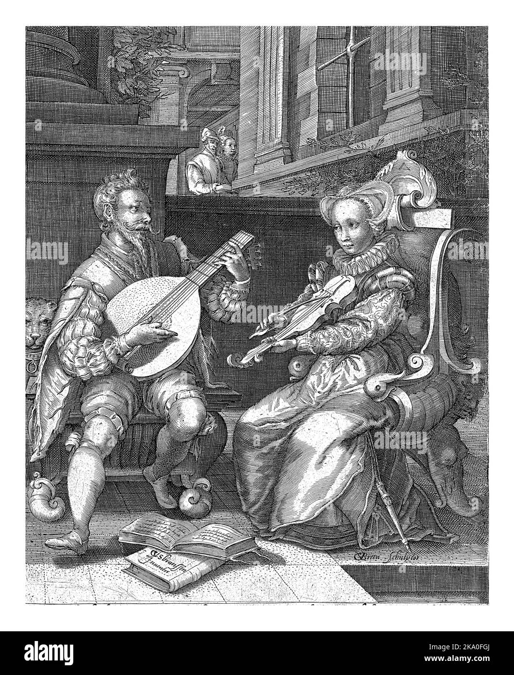 Allegorie der Ehe, Gillis van Breen, nach Cornelis Cussens, c. 1595 - c. 1610 Ein Mann und eine Frau sitzen im Hof und machen Musik. Der Mann spielt eine Stockfoto