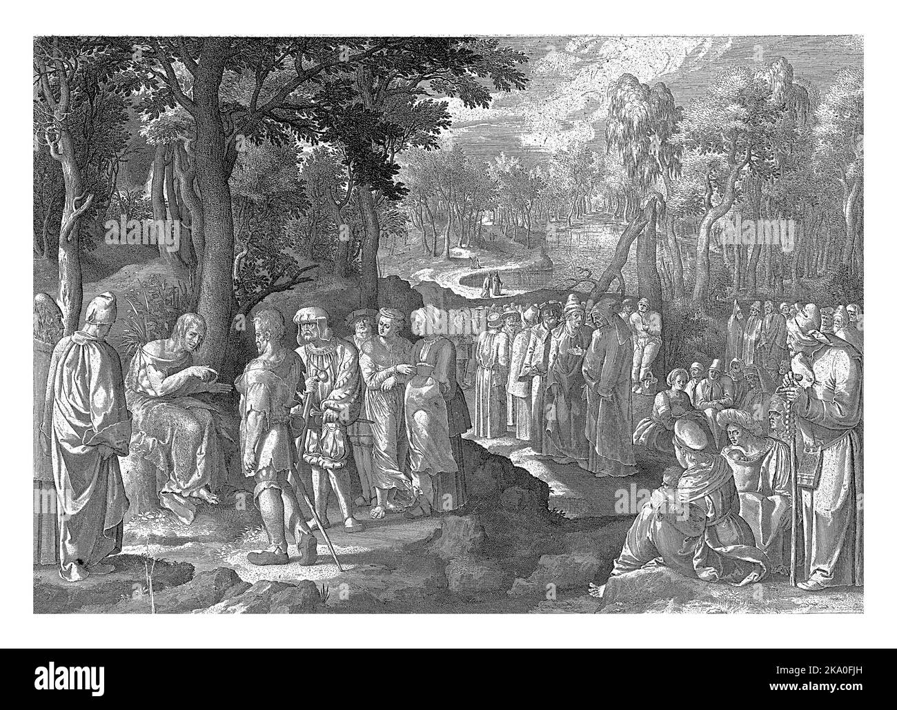 Johannes der Täufer predigt der Menge, Nicolaes de Bruyn, nach Lucas van Leyden, 1581 - 1656 Johannes der Täufer sitzt auf einem Felsen vor einer Menge. Stockfoto