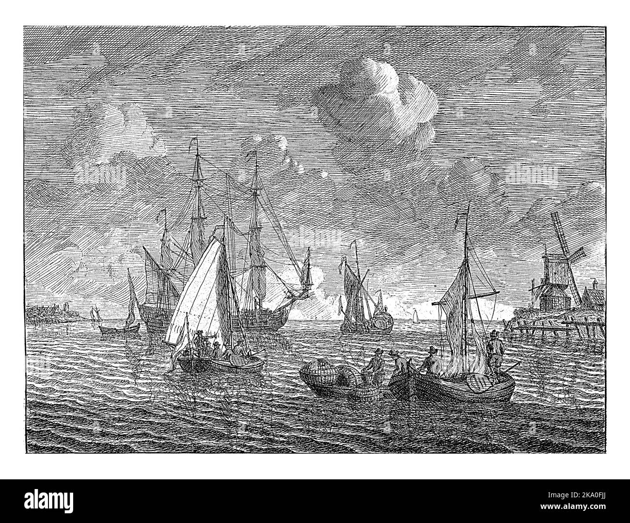 Auf einem ruhigen Meer sehen die Fischer ihren Fang in ihrem Boot. Ein Dreimast-Schiff steht vor Anker. Rechts die Küste mit einer Mühle. Stockfoto