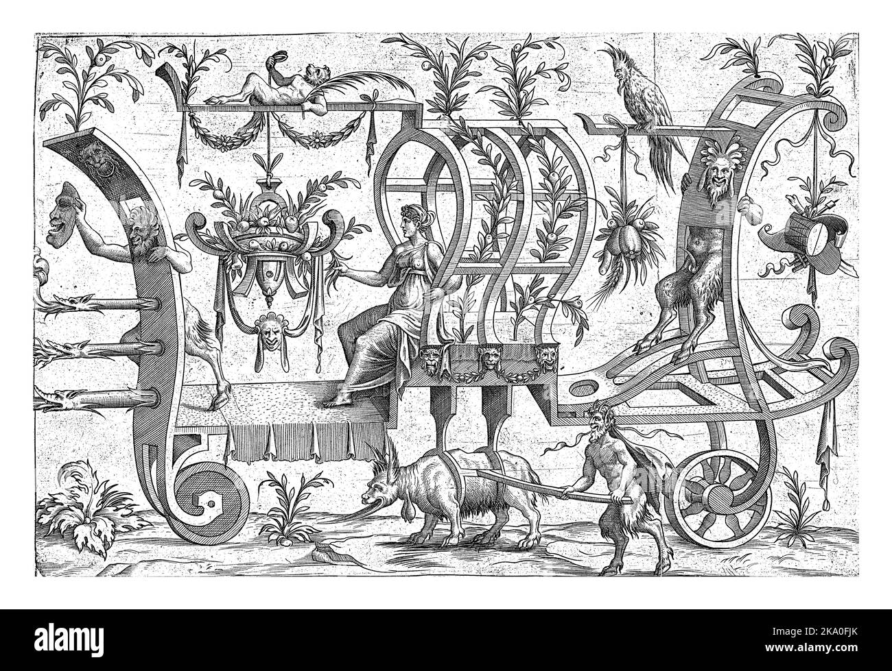 Vorne im Auto ist ein Satyr mit Maske, in der Mitte eine Frau und hinten ein zweiter Satyr. Stockfoto