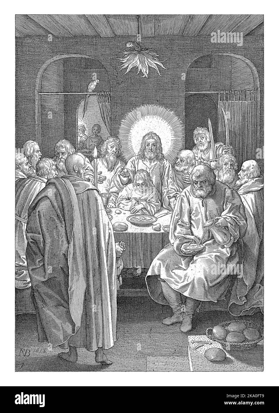 Das letzte Abendmahl, Nicolaes de Bruyn, 1618 Christus beim Essen des letzten Abendmahls mit seinen Jüngern, Vintage graviert. Stockfoto