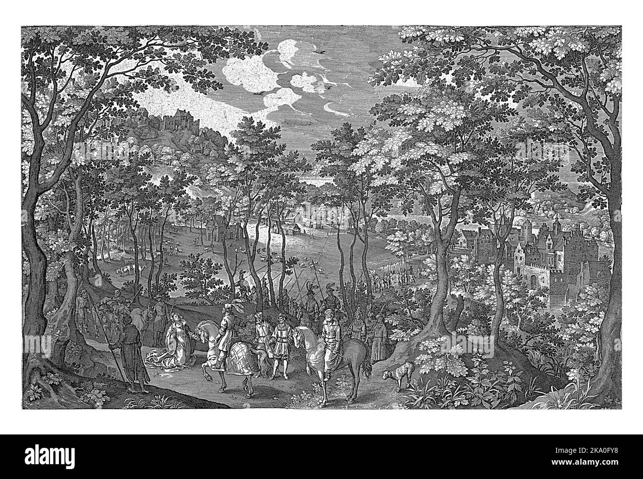 David und Abigail, anonym, nach Nicolaes de Bruyn, 1618 - 1706 als sich ein geizig Bauer weigert, David und seinen Männern zu helfen, drohen sie, Hi zu bestrafen Stockfoto