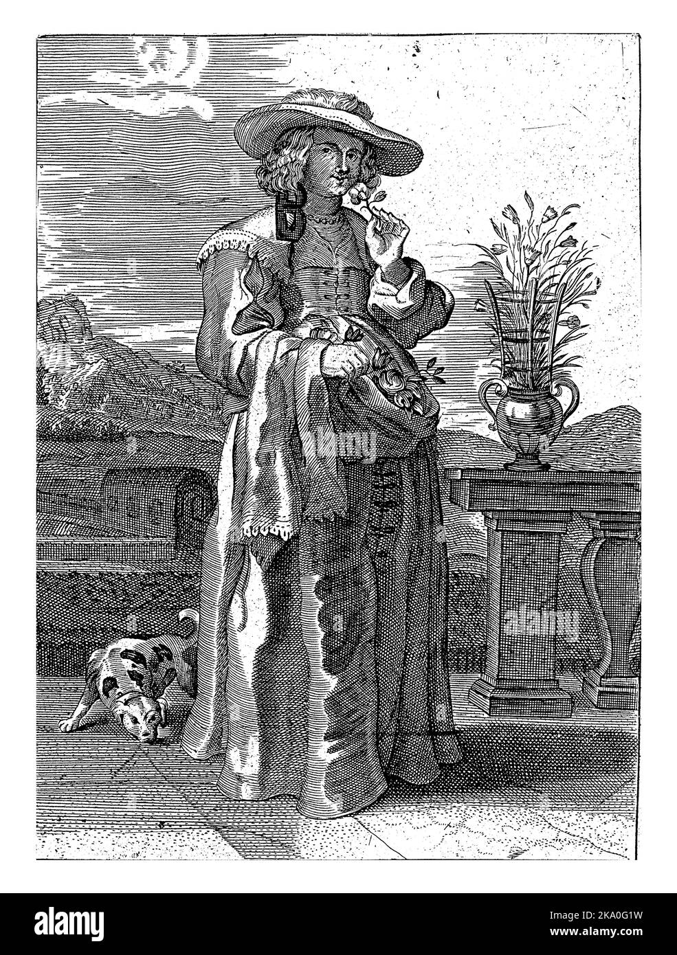 Personifizierung des Geruchssinns. Eine Frau riecht eine Blume. In ihrer Schürze sind noch mehr Blumen. Stockfoto