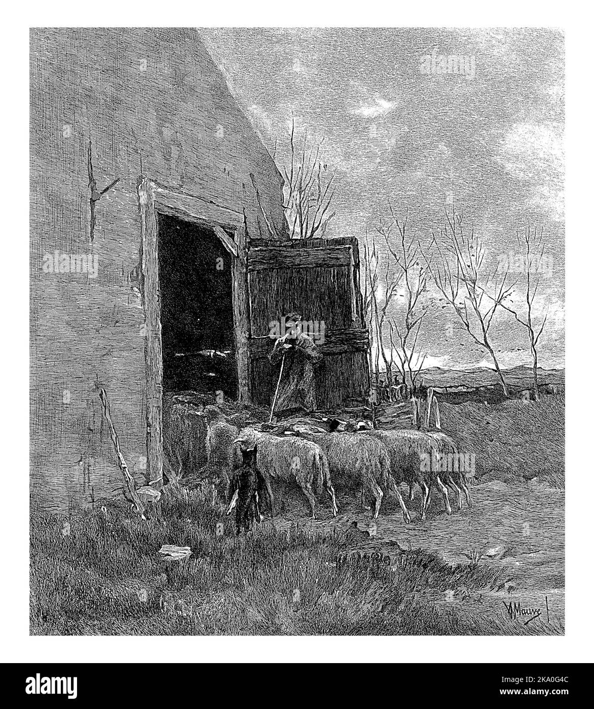 Shepherd mit einer Schafherde in einer Scheune, Willem Steelink (II), nach Anton Mauve, 1896 Ein Schäfer steht vor der offenen Tür einer Scheune, während t Stockfoto