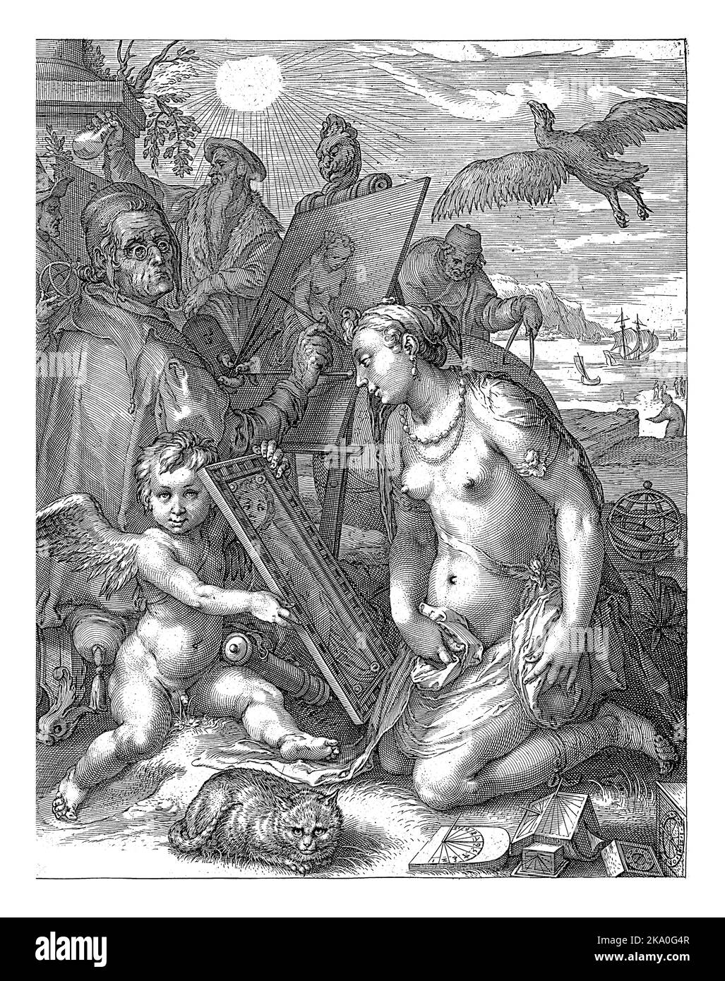 Allegorie der Wahrnehmung, Jan Saenredam, nach Hendrick Goltzius, 1616 ein Künstler mit Brille malt eine nackte Frau im Freien. Stockfoto