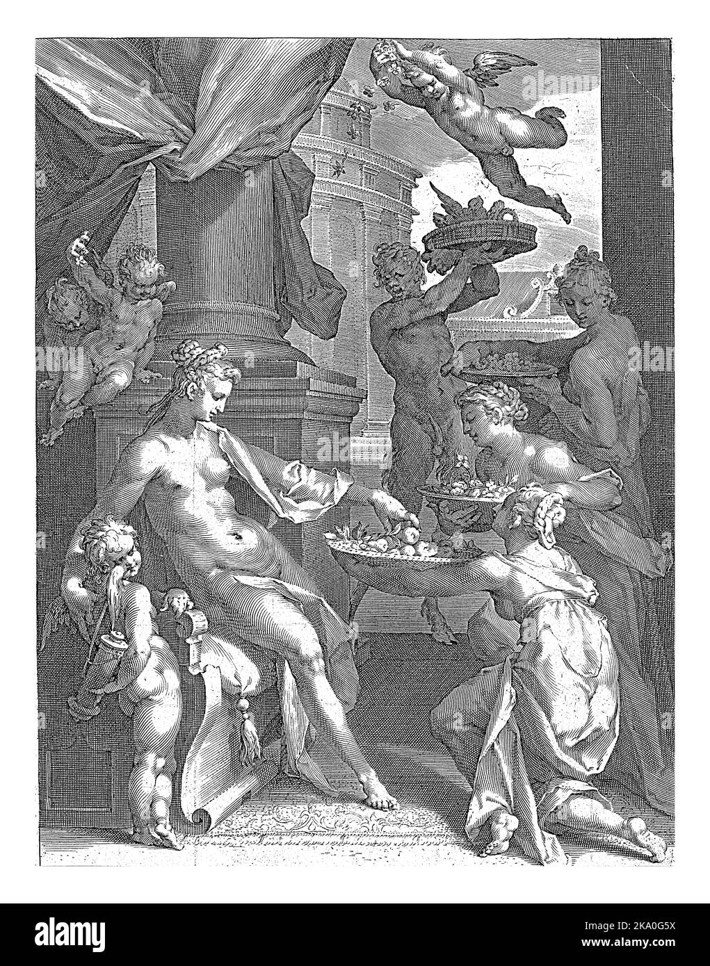 Venus, mit Amor an ihrer Seite, erhält Körbe mit Blumen und Früchten von den Nymphen. Ein Satyr bringt einen Korb mit Vögeln. Stockfoto