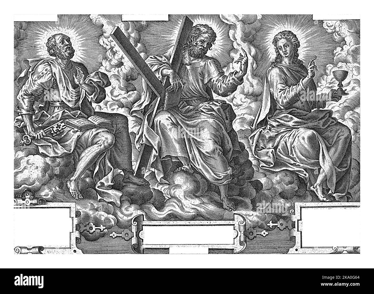 Die Apostel Petrus, Andreas und Johannes mit einem Heiligenschein um ihre Köpfe, sitzend zwischen den Wolken mit ihren Attributen bzw. Schlüsseln, X-förmiges Kreuz A Stockfoto