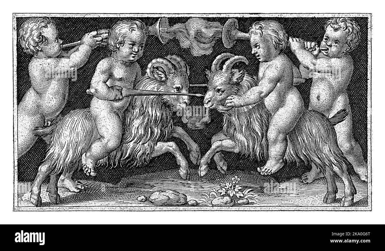 Zwei Kinder kämpfen, reiten auf Böcken, flankiert von Kindern, die Trompeten blasen, Nicolaes de Bruyn, 1594 Stockfoto