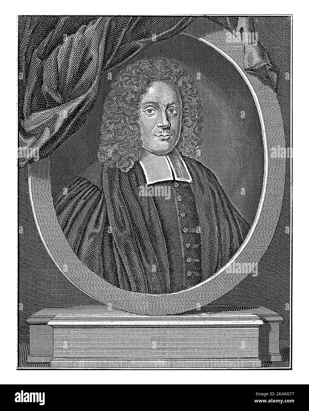 Porträtbüste im Oval von Conradus Mel, Geistlicher und Theologe, ohne Kopf. Das Porträt ruht auf einem Sockel mit einer lateinischen Inschrift. Stockfoto
