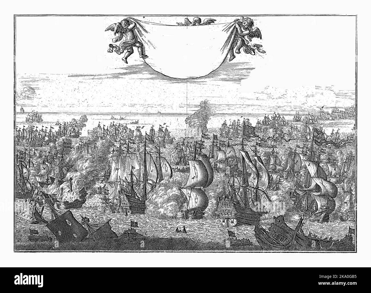 Schlachtschiff in Kijkduin, 1673, Jan Luyken, 1688 Schlachtschiff in Kijkduin, 21. August 1673. Schlachtschiff zwischen der Staatsflotte unter De Ruyter Stockfoto