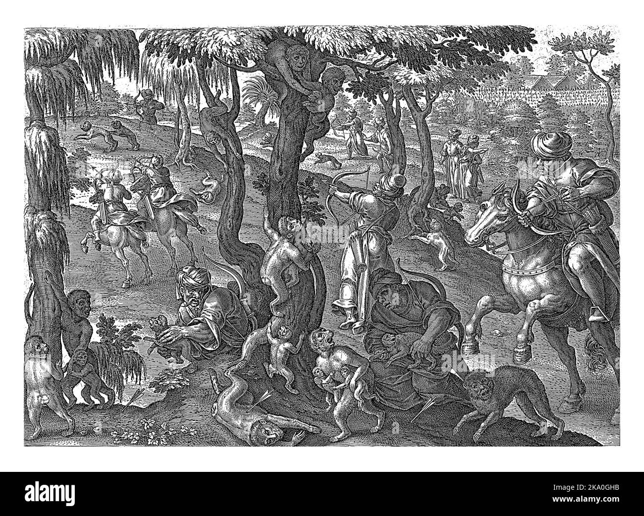 Reiter und Jäger zu Fuß schießen mit Bogen und Pfeilen auf Affen in den Bäumen. Im Vordergrund eine Affenmutter mit zwei Jungen. Stockfoto