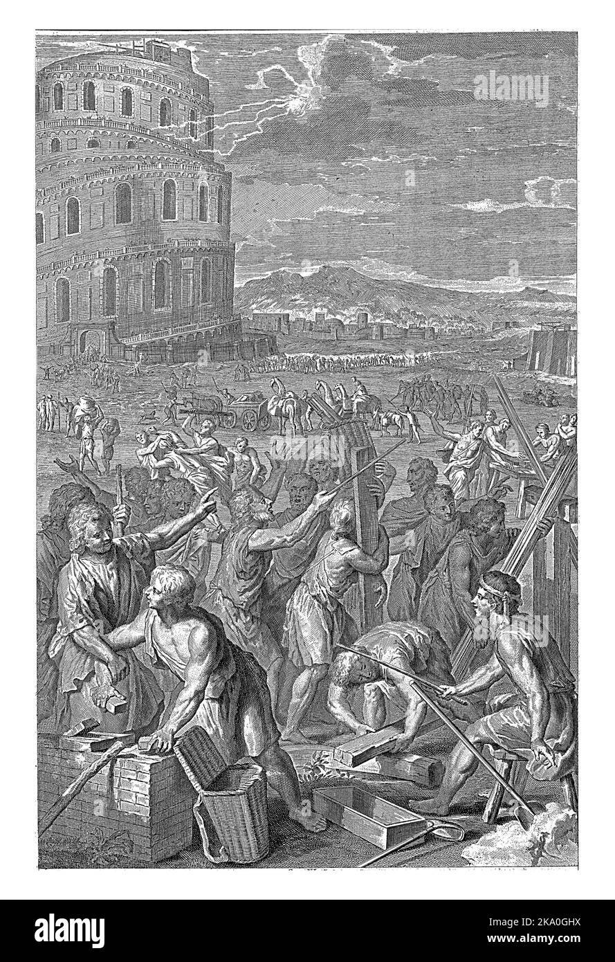 Der Bau des Turms zu Babel. Die Menschen, die am Turm arbeiten, können die Sprache des anderen nicht verstehen, was die Arbeit an dieser Norm erschwert Stockfoto