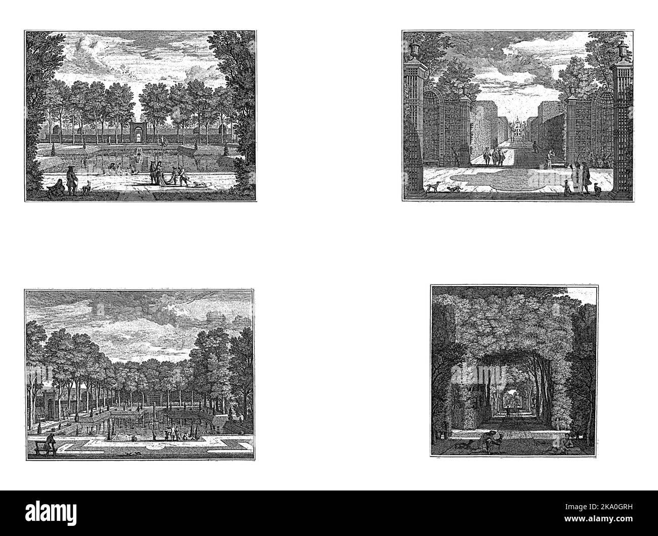 Teich auf Heemstede Castle von links gesehen / Teich auf Heemstede Castle von rechts gesehen / Gemüsegärten auf Heemstede Castle / überdachter Pfad in t Stockfoto