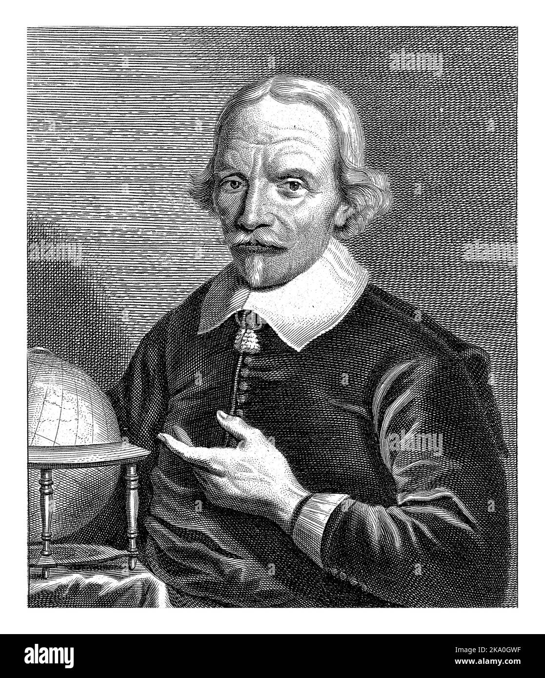 Porträt von Frederik Adriaensz. Westphalen im Alter von 72 Jahren, neben ihm ein Globus. Unter dem Porträt befindet sich ein von G. Br signierter Vers aus vier Zeilen in niederländischer Sprache Stockfoto