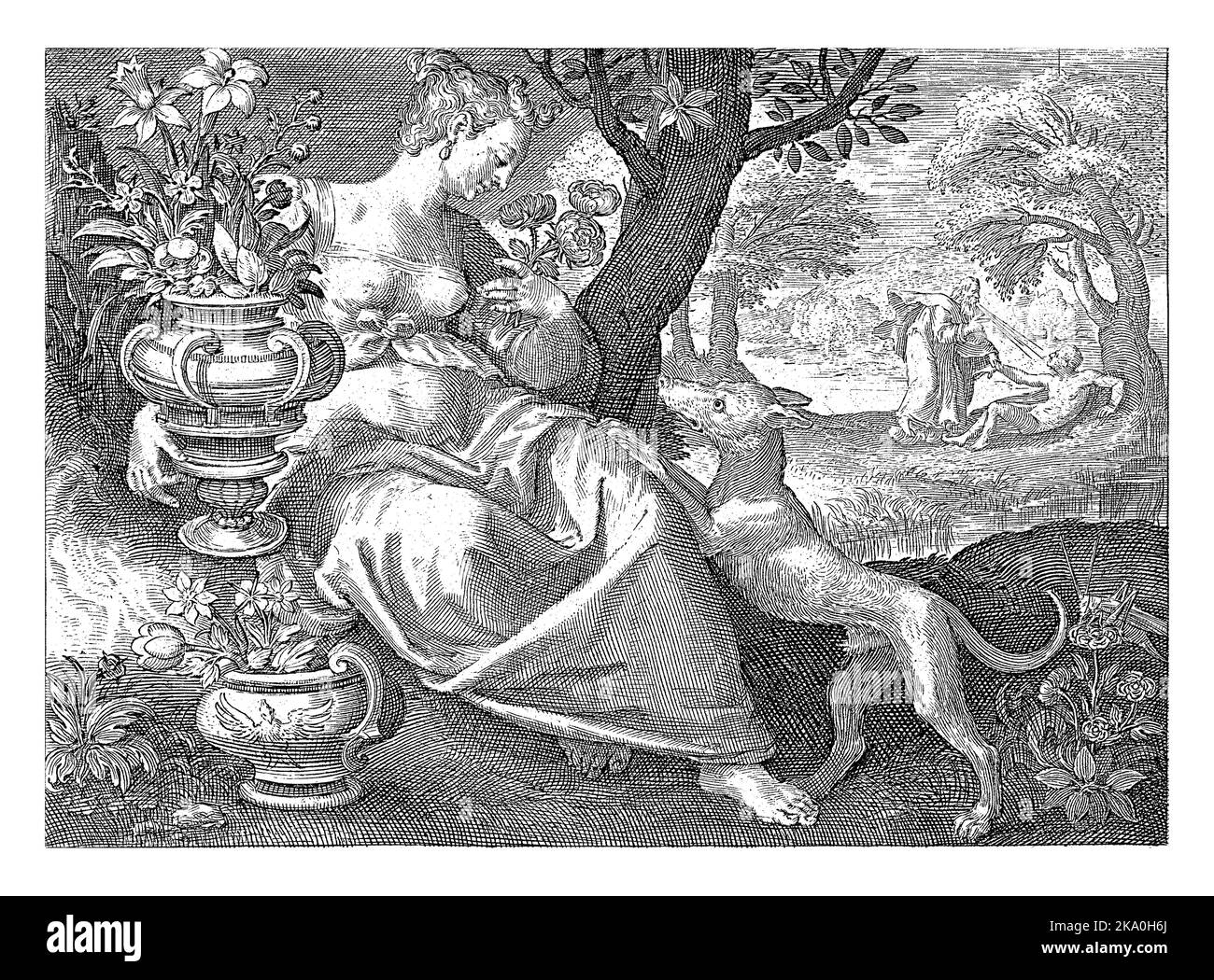 Geruchssinn, Nicolaes de Bruyn, nach Maerten de Vos, 1581 - 1656 Frau als Personifizierung des Geruchssinns in einer Landschaft voller Vasen sitzend Stockfoto