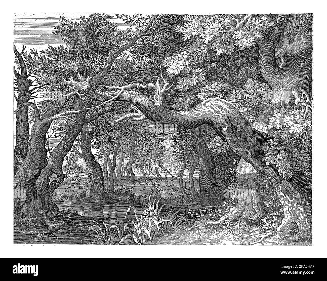 Waldsee mit stark überhängenden Bäumen. Im Hintergrund eine Hirschjagd. Der dritte Druck in einer sechsteiligen Serie mit Landschaften. Stockfoto