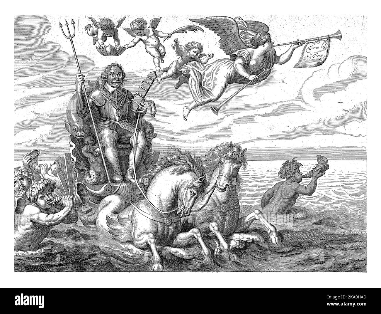 Admiral Maarten Harpertsz. Trompete auf Triumphwagen, Cornelis van Dalen (II), nach Cornelis Holsteyn, 1653 - 1664 Admiral Maarten Harpertsz. Stockfoto
