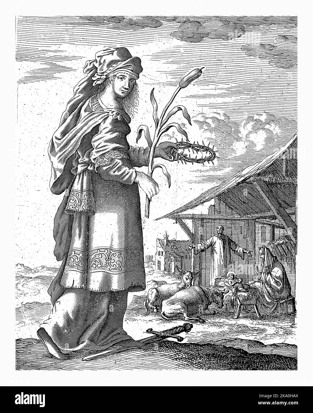 Sibyl von Samos, Jan Luyken, 1684 Sibyl von Samos. Im Hintergrund ein Stall mit Joseph, Maria und dem neugeborenen Christkind. Drucken markiert oben rechts: PA Stockfoto
