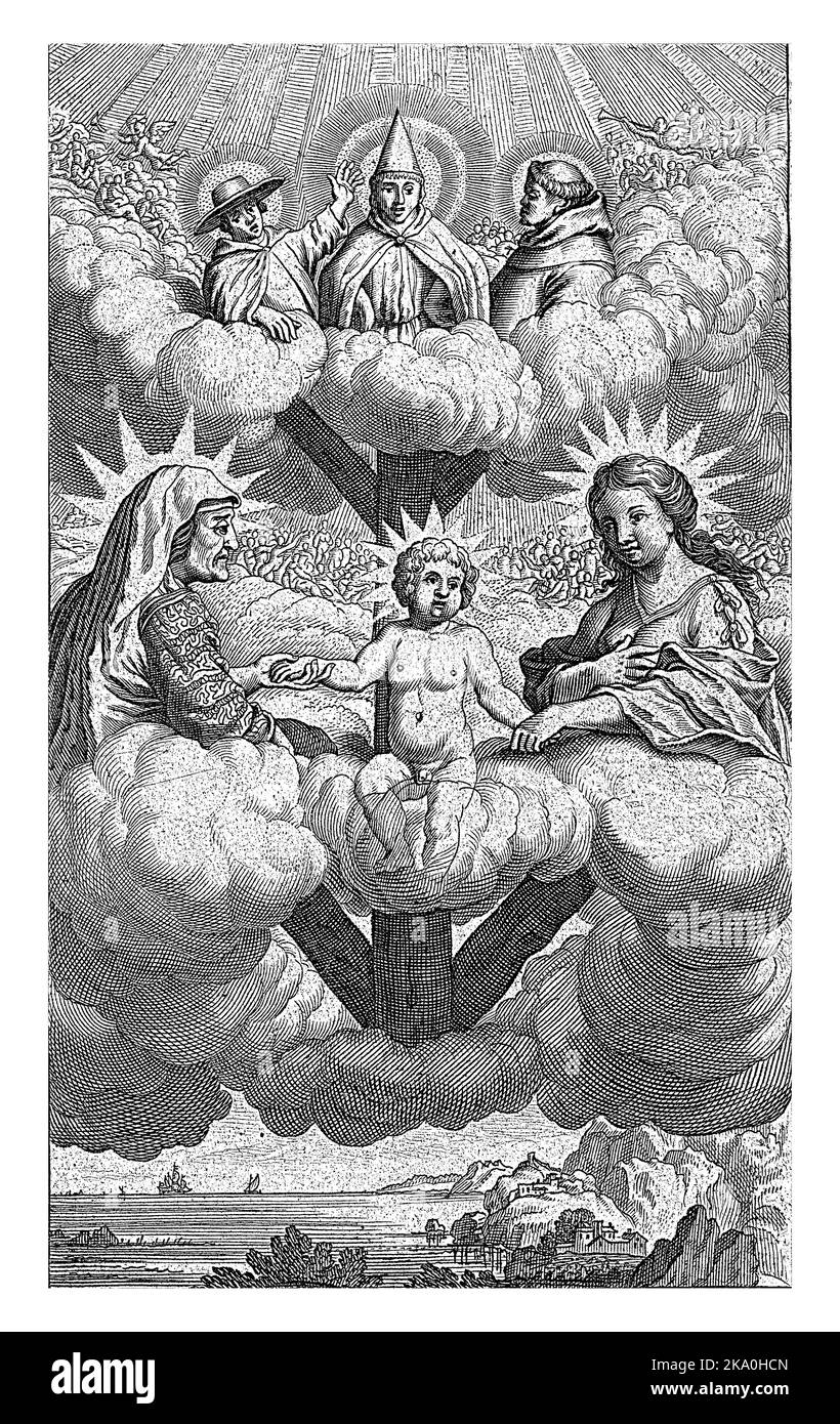 Anna te Drieen, anonym, nach Samuel van Hoogstraten, 1671 Maria, das Christkind und Anna in den Wolken mit über ihnen die Dreifaltigkeit dargestellt als Stockfoto