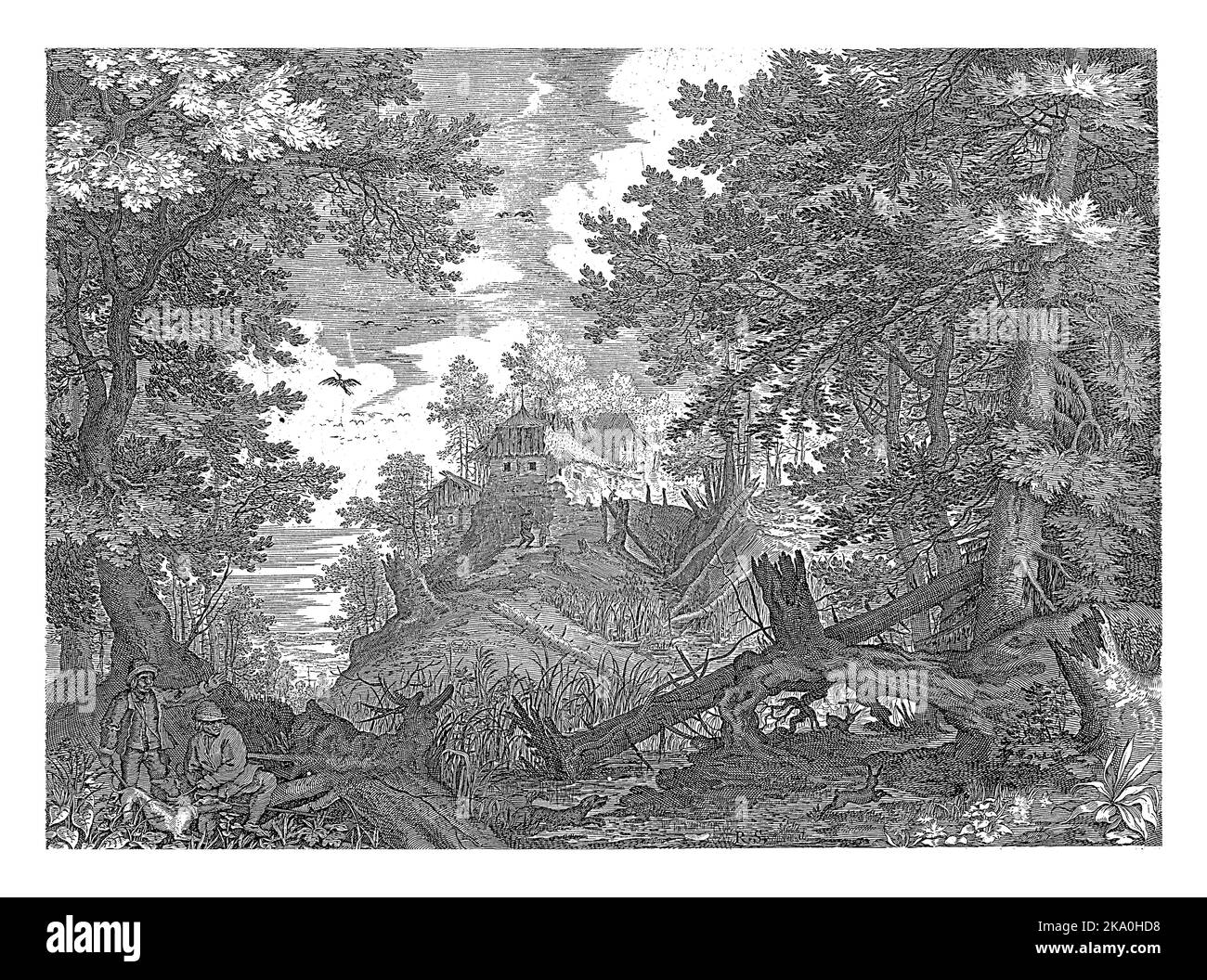 Waldlandschaft. Links zwei Jäger und ein Hund. Im Hintergrund eine Farm. Fünfter Druck einer sechsteiligen Serie mit Berglandschaften aus Tirol. Stockfoto