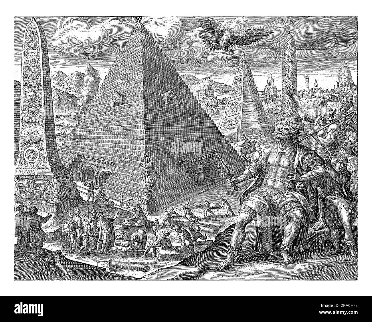 Ägyptische Pyramiden und Obelisken. Slaves schöpfen Ton aus dem Fluss, der dann zu Ziegeln für die Konstruktionen in einem Brennofen gebacken wird.im Vorgeg Stockfoto