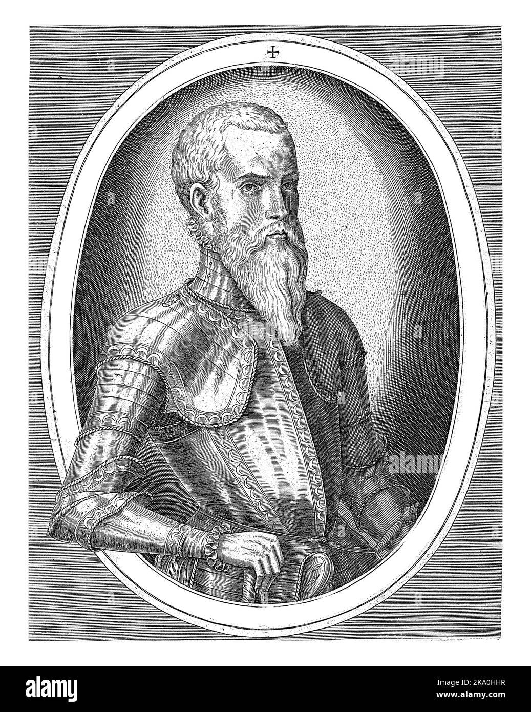 Halblanges Porträt des Schwedens Erik XIV. Rechts, in Rüstung gekleidet, in einem ovalen Rahmen mit lateinischer Randschrift. Stockfoto