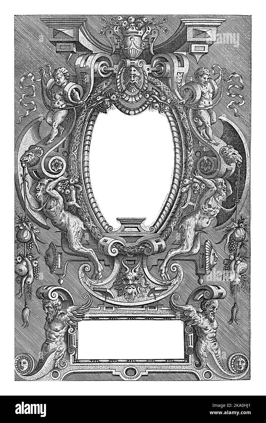 Unten eine kleine rechteckige Kartusche. Schattierter Hintergrund. Blatt aus einer Serie bestehend aus einer Titelseite und 15 der 16 Seiten mit Kartuschen Stockfoto